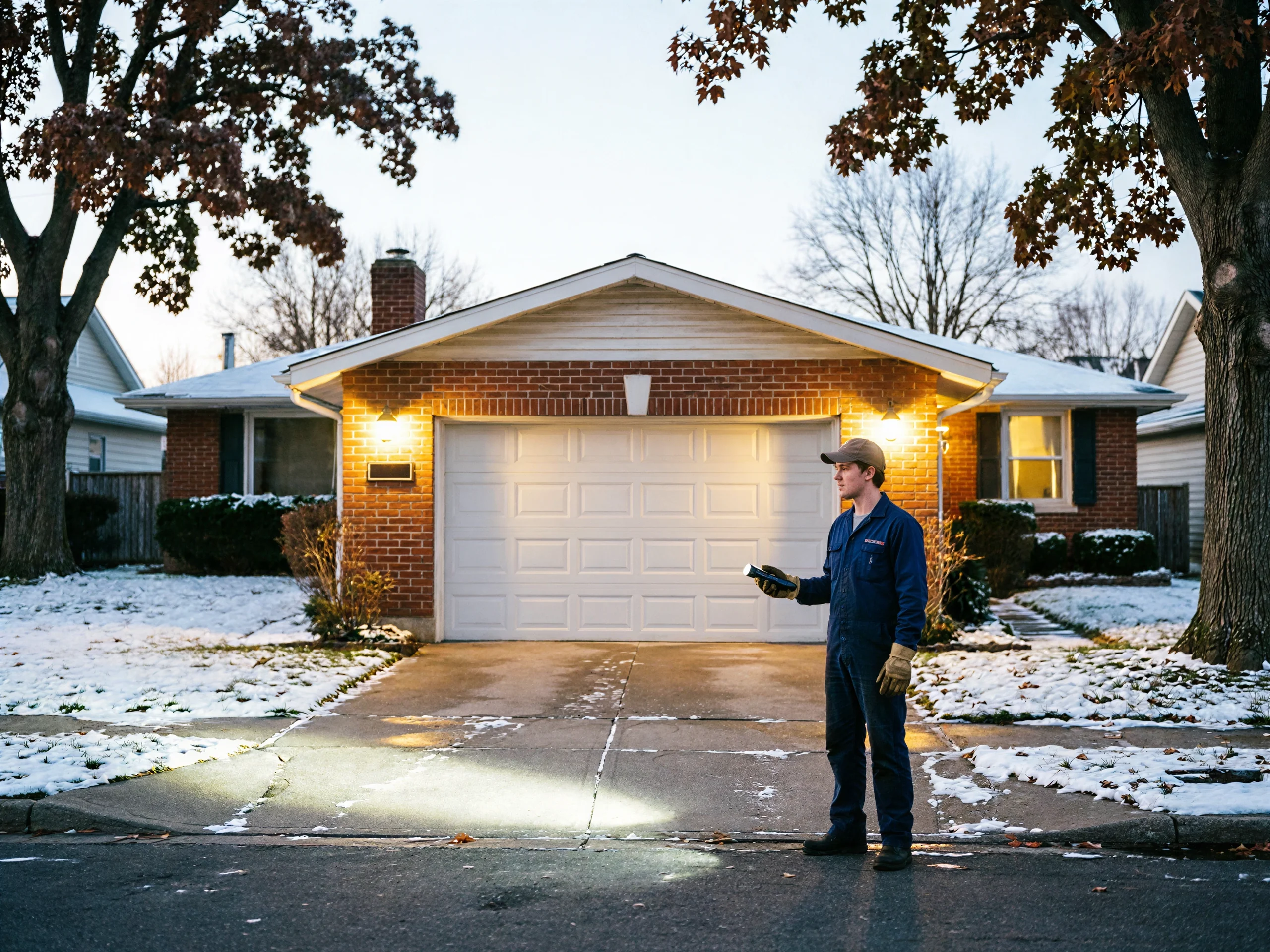 A technician in a blue uniform holds a flashlight in front of a house with a white garage door.