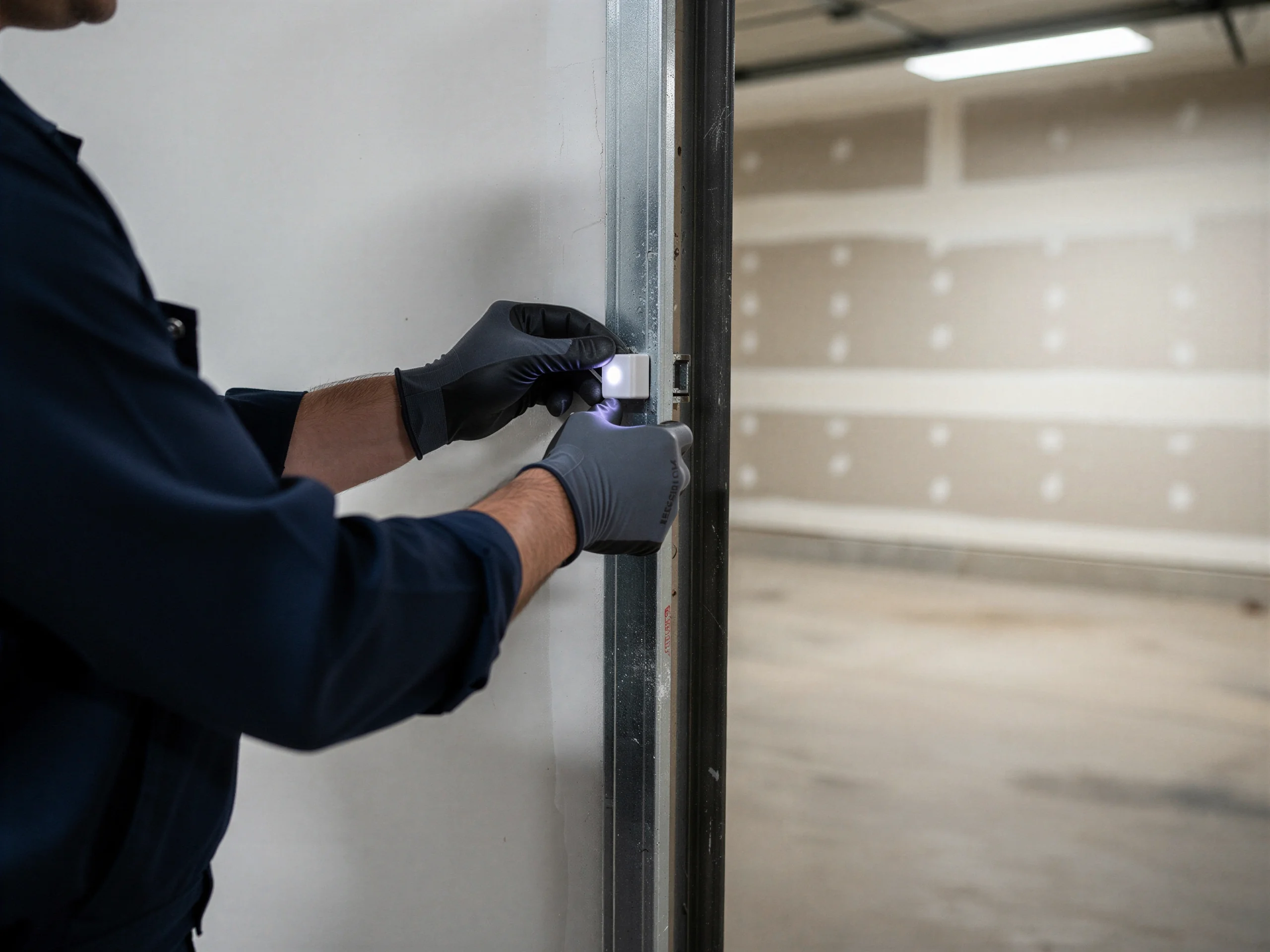 A technician in gloves is working on a garage door sensor.